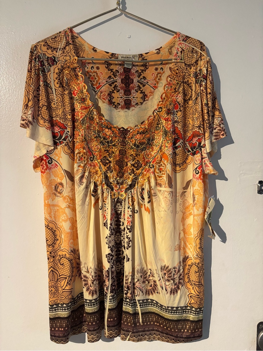 One World Live & Let Live 2X Boho Embellished Paisley Tunic Top